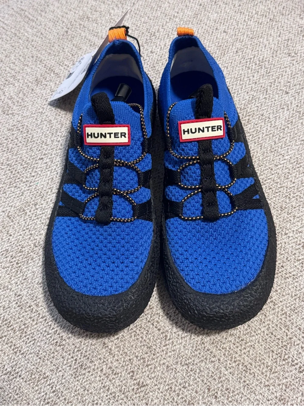 Hunter Kids Blue & Black Water Shoes with Orange Pull Tabs